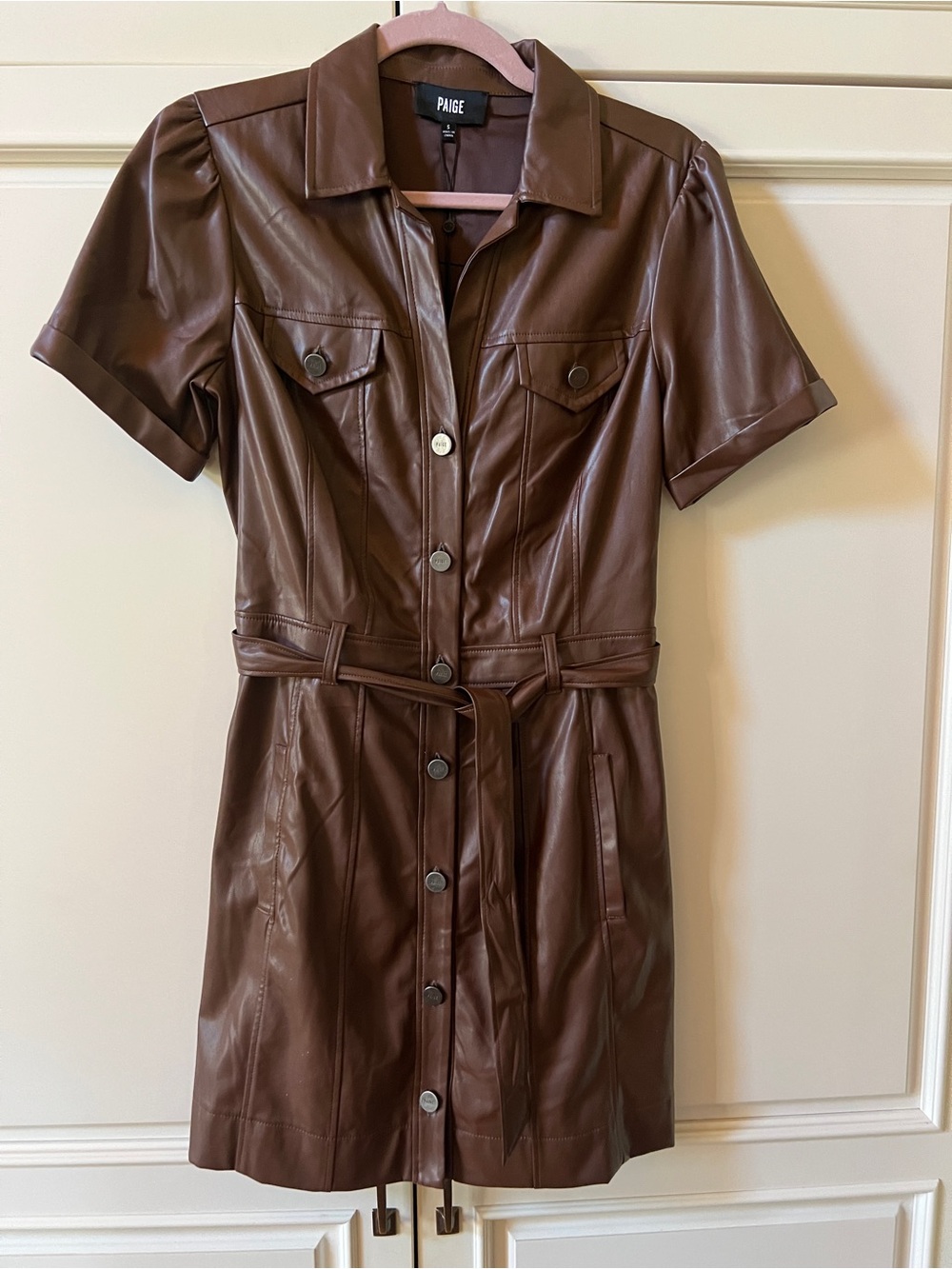 PAIGE Chocolate Brown Faux Leather Belted Mini Shirt Dress